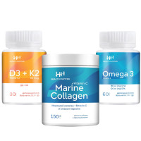 Набір: Д3+К2 30 капс. + Омега 3 60 капс. + Морський колаген+С персик 150 г, Health Hunter