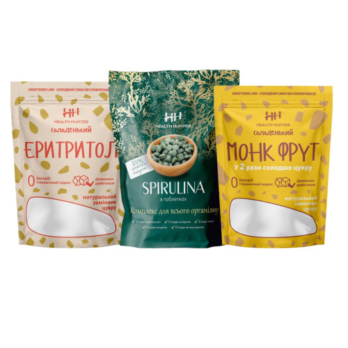 Набор: Эритритол 280 г + Спирулина 100 г + Монк Фрут х3, Health Hunter